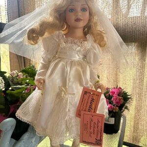Porcelain Bride Doll in White Satin Dress with Veil - Collector Toy